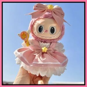 Charming Labubu Pink Dress with Star and Bow Accents including a hairbow.